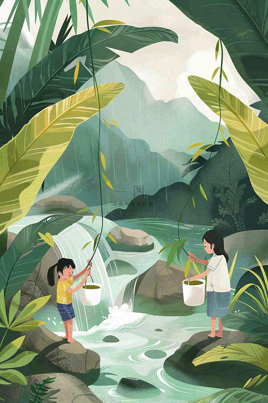 夏天孩子们在森林丛林小溪玩水嬉水处暑夏至卡通插画背景