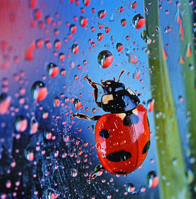 玻璃雨水下的绿叶昆虫七星瓢虫，彩色植物摄影图
