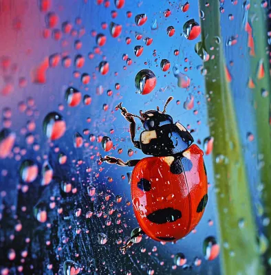 玻璃雨水下的绿叶昆虫七星瓢虫，彩色植物摄影图