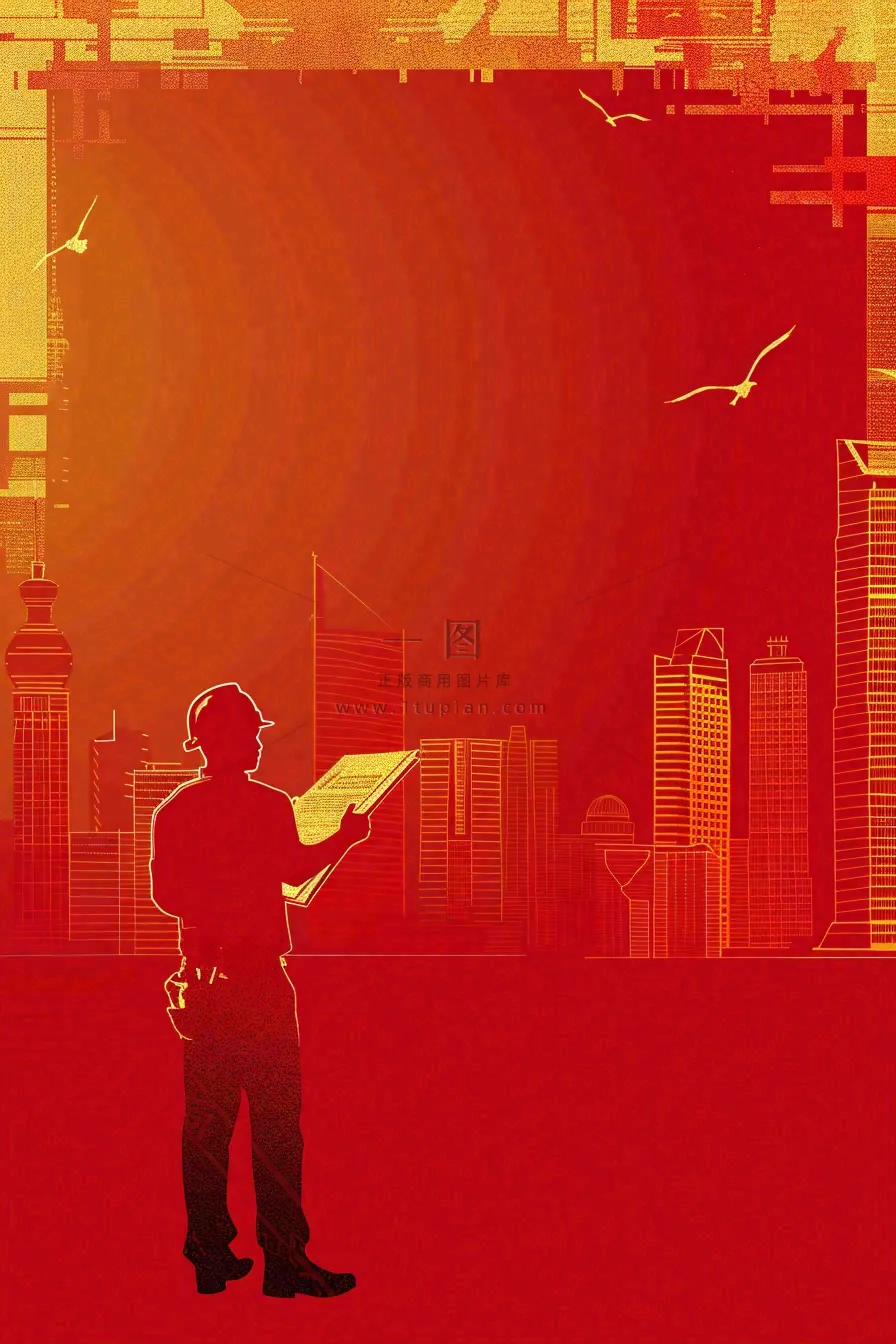 红色工地指挥工人职业人物剪影劳动节插画背景