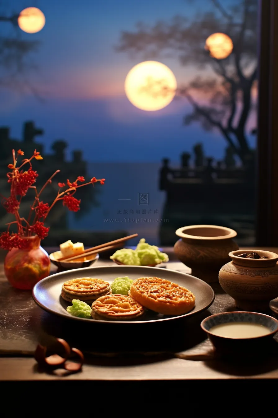 中秋月圆夜晚下餐桌上的美食月饼摄影图