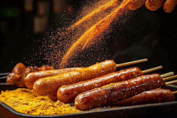 烤火腿肠煎辣椒面香辣美食小吃摄影图