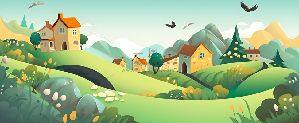 春夏森林山坡草地花草鸟绿植风景插画海报素材背景 春夏森林山坡草地花草鸟绿植风景插画海报素材背景