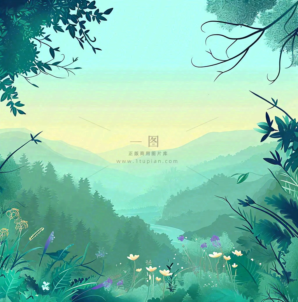 春天山脉小溪河流花丛绿植清新手绘插画，春分惊蛰