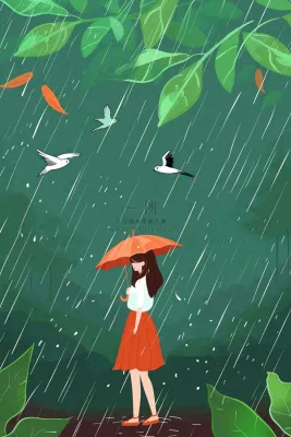 春天梅雨季红色女孩打雨伞户外绿色植物雨水谷雨卡通插画背景
