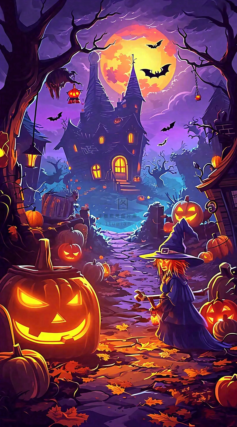 恐怖气氛万圣节南瓜屋子，西方节日卡通