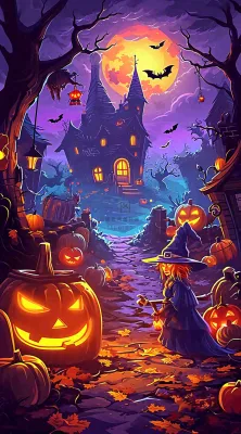 恐怖气氛万圣节南瓜屋子，西方节日卡通