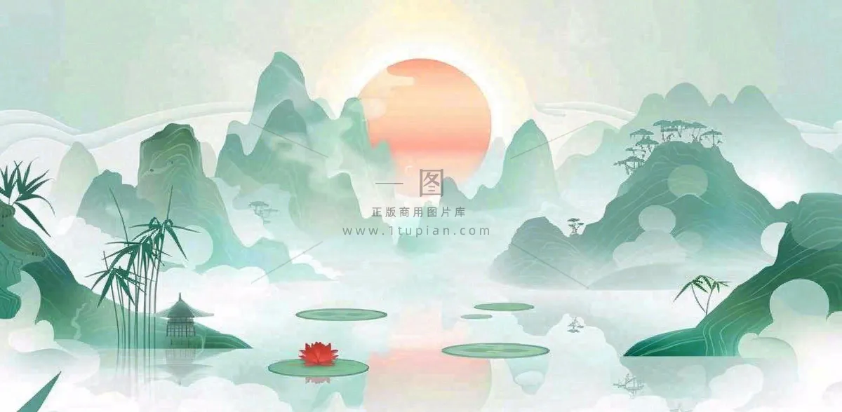 中国风插画山水竹叶青色插画清新淡雅端午节插画背景