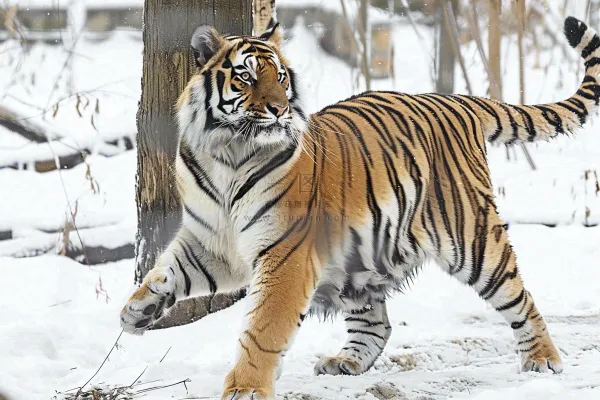 东北虎冬天雪地里嬉戏行走的老虎摄影图