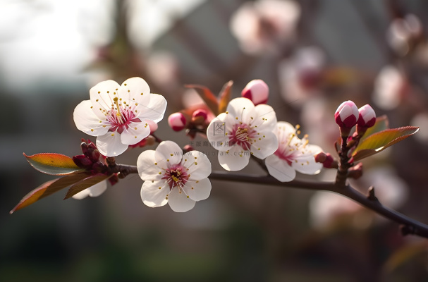 开花的中国传统梅花在阳光下摄影图