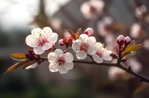 开花的中国传统梅花在阳光下摄影图