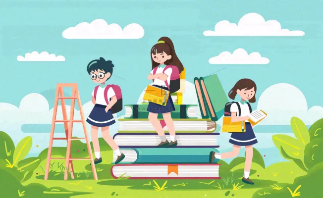 学生们在书本知识里学习阅读遨游阶梯世界读书日卡通插画背景