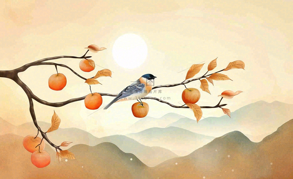 秋天柿子树枝条的小鸟夕阳西下日出金秋秋分立秋重阳插画背景