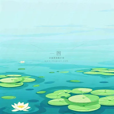 中国风夏日荷塘池白色荷花盛开手绘插画，立夏夏至大暑小暑