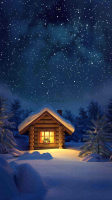 冬季夜晚蓝色星空下的小木屋灯火平安夜插画背景