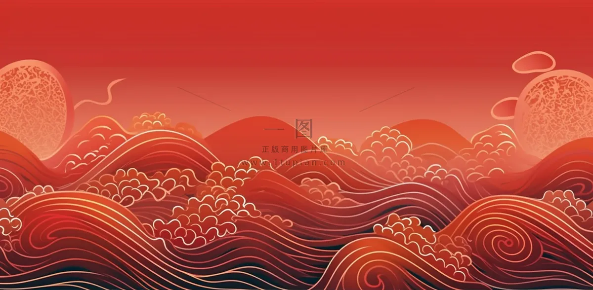 大红色复古简约古风海浪纹边角框金复古底纹背景