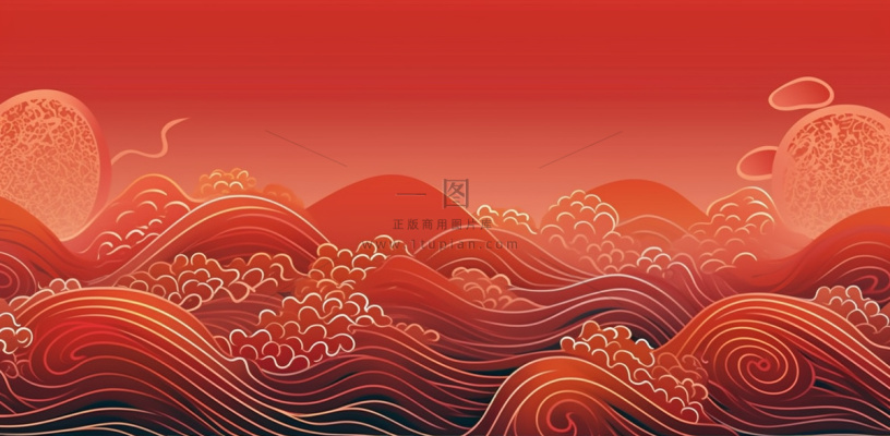 大红色复古简约古风海浪纹边角框金复古底纹背景 大红色复古简约古风海浪纹边角框金复古底纹背景