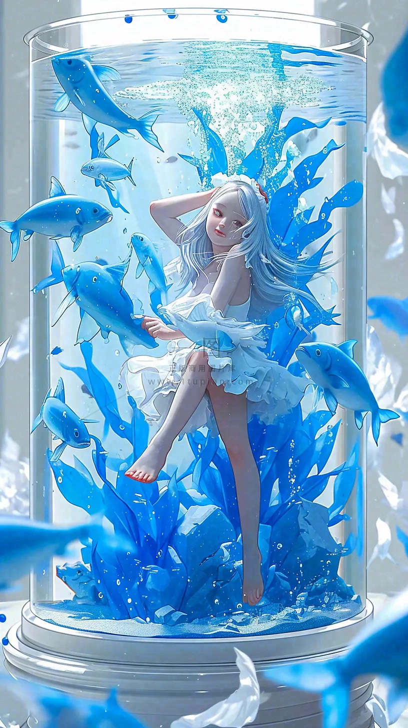 蓝色水面美人鱼,鱼类少女动漫漫画手绘插画