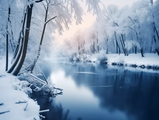 冬季雪山深处河流白雪覆盖的森林摄影图