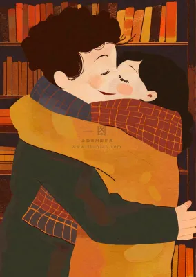 情侣相拥陪伴情人节七夕复古插画背景