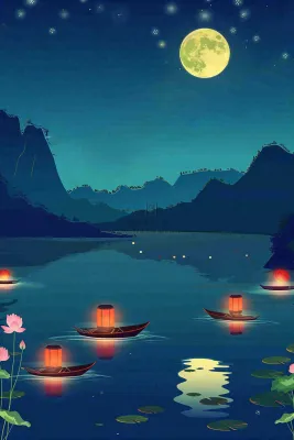 月圆之夜湖面莲花灯祈福星空中秋中元节插画背景 月圆之夜湖面莲花灯祈福星空中秋中元节插画背景