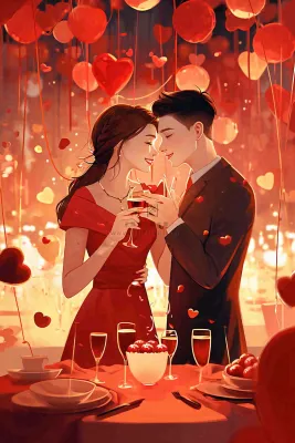 情人节爱心浪漫情侣晚餐生日蛋糕插画手绘