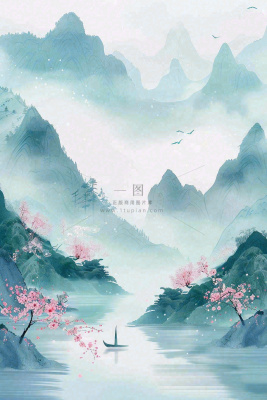 中国风水墨山水画梅花遍地开船春天春分清明插画背景 中国风水墨山水画梅花遍地开船春天春分清明插画背景