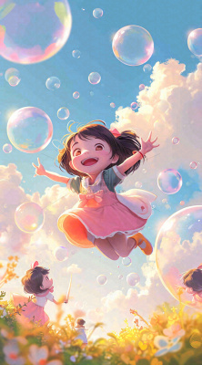 春天夏天女孩草地玩耍，阳光白云气泡可爱插画