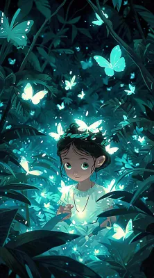 森林意境儿童少女灯光蝴蝶手绘插画,丛林树木 森林意境儿童少女灯光蝴蝶手绘插画,丛林树木
