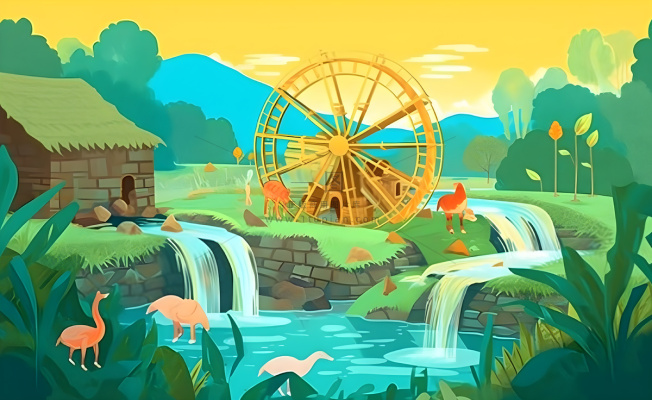 春天田园绿色自然风车水河流畜牧插画素材背景 春天田园绿色自然风车水河流畜牧插画素材背景