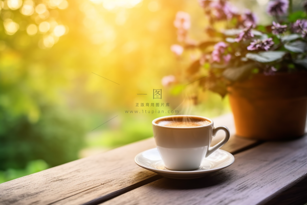 花园木桌咖啡杯阳光光影摄影图