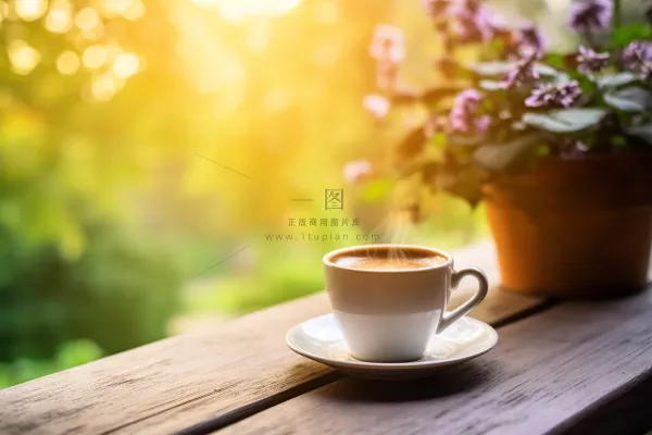 花园木桌咖啡杯阳光光影摄影图