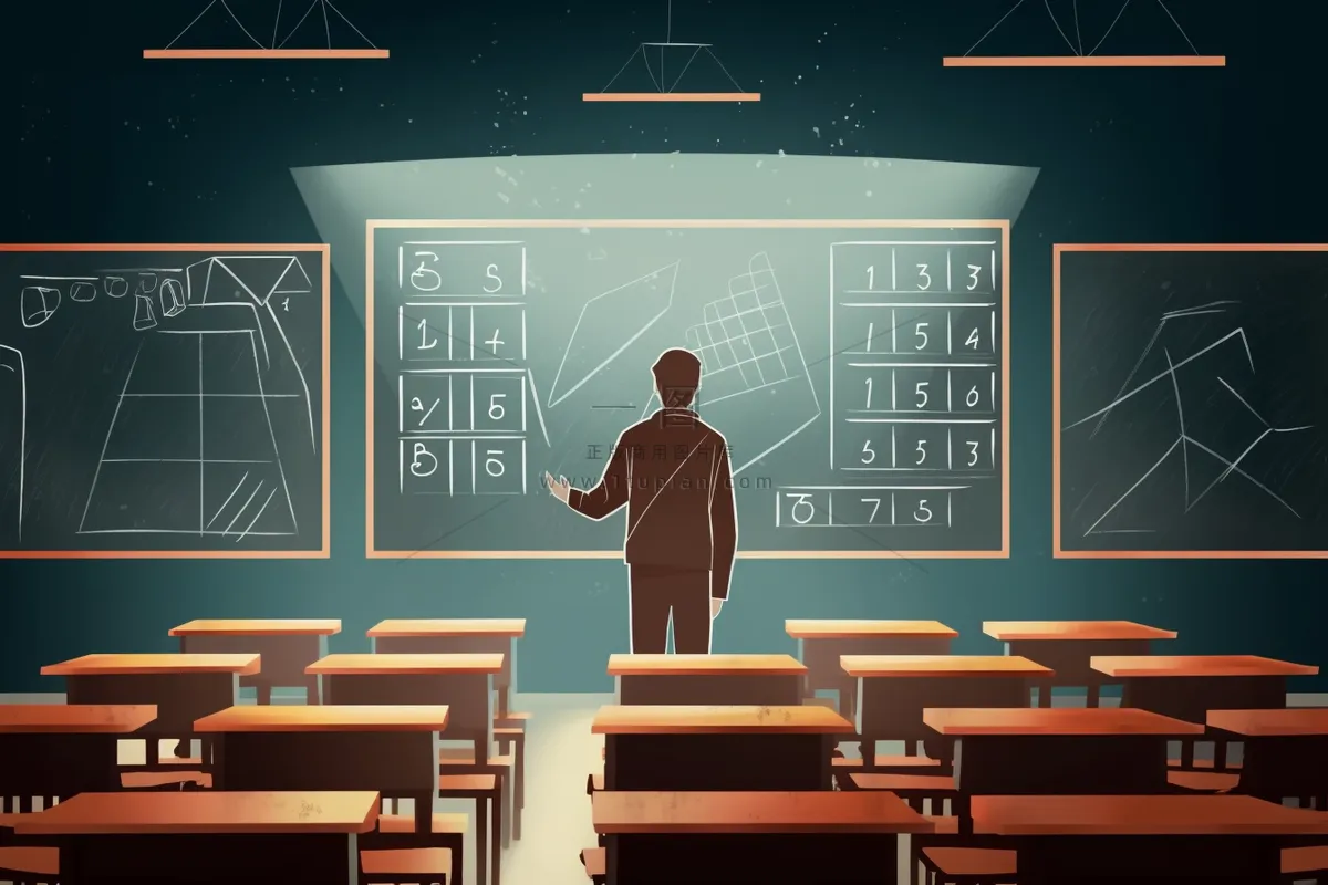 教室教学的教师书桌黑板卡通插画素材背景