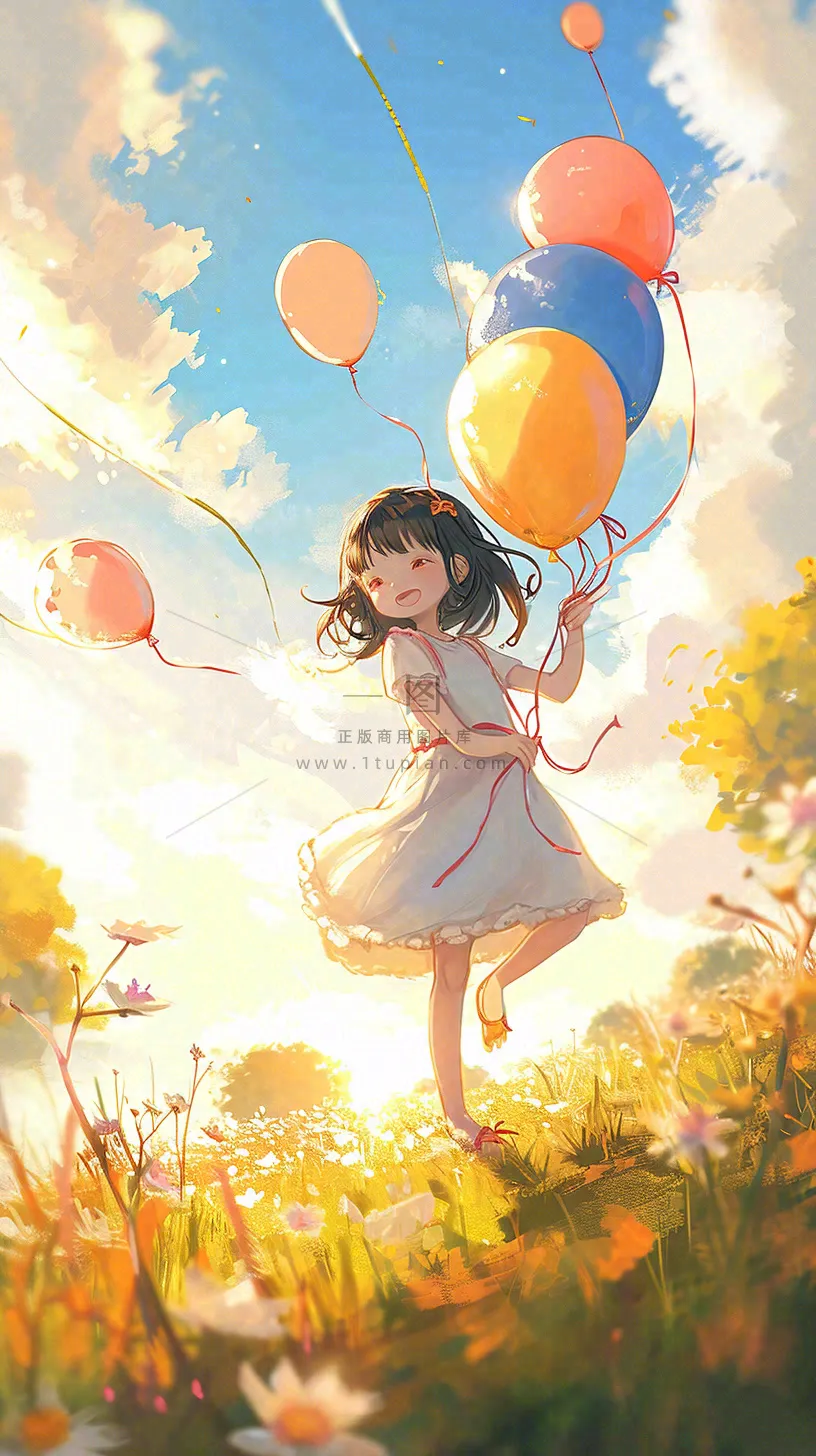 一个可爱的小女孩手里牵着彩色气球在草地上奔跑夏天,儿童节