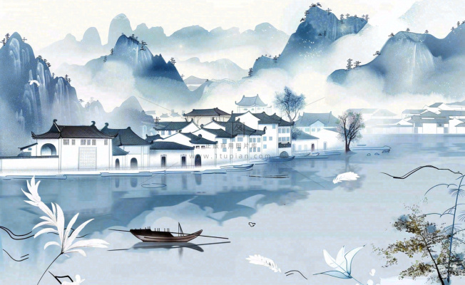 水墨山水江南水乡屋檐白露寒露冷清插画背景