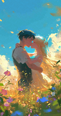 蓝天白云下情侣拥抱亲吻爱情,鲜花小草,情清新人节 蓝天白云下情侣拥抱亲吻爱情,鲜花小草,情清新人节