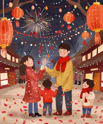 新年一家人游玩张灯结彩热闹喜庆放烟花街道小年除夕春节卡通插画背景 新年一家人游玩张灯结彩热闹喜庆放烟花街道小年除夕春节卡通插画背景