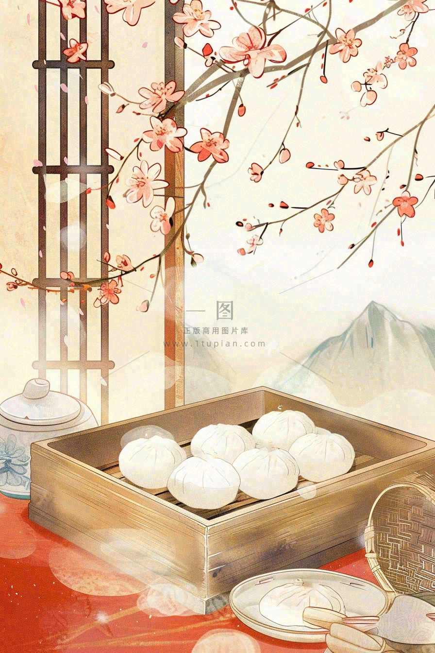 古风插画美食饺子包子梅花古风窗户冬至插画背景