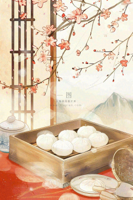 古风插画美食饺子包子梅花古风窗户冬至插画背景 古风插画美食饺子包子梅花古风窗户冬至插画背景