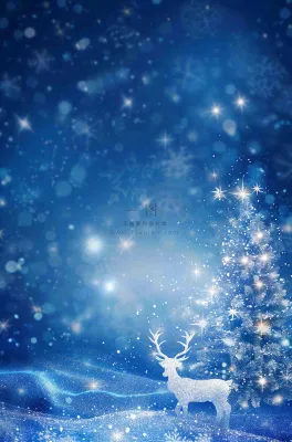 夜晚蓝色星空月亮麋鹿圣诞树平安夜圣诞节梦幻插画背景