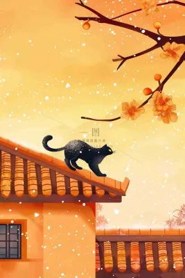 屋檐上的猫咪屋墙萧瑟霜降插画背景 屋檐上的猫咪屋墙萧瑟霜降插画背景