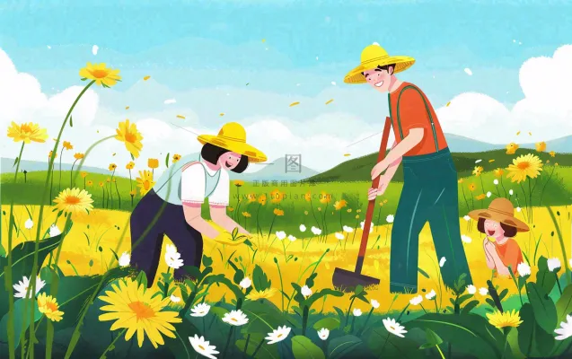 春天一家人在种花植树花丛浇水小满卡通插画背景