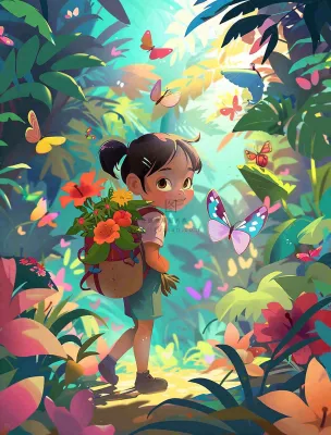 夏天户外森林丛林冒险的青少年背包旅行探险卡通插画背景