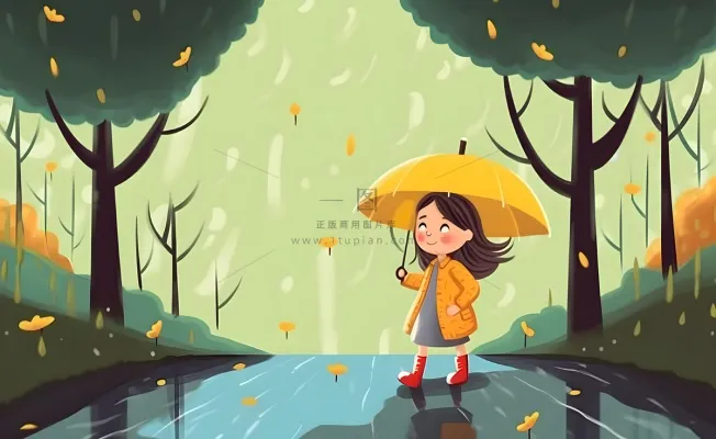 春天下雨天小女孩拿着雨伞在森林里漫步绿色黄色手绘插画海报素材背景