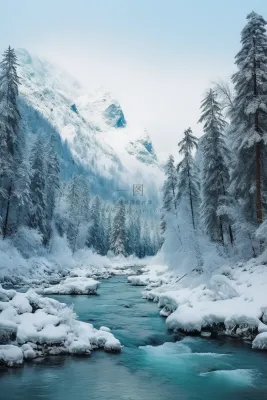 新疆冬季结冰下雪河流风景摄影图