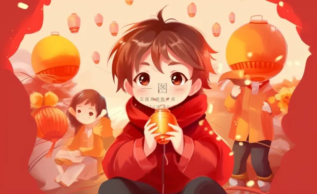 新年张灯结彩孩子们玩乐喜庆红色氛围庆祝卡通插画背景
