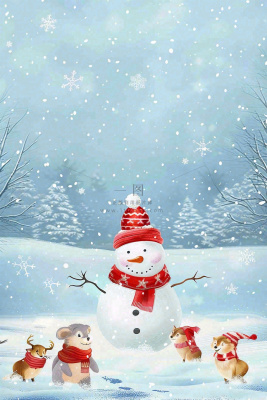 冬天雪地堆雪人动物白雪下雪立冬小雪大雪冬至卡通插画背景