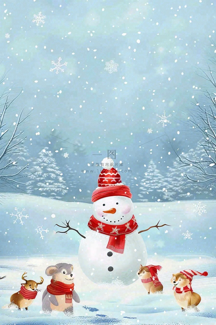 冬天雪地堆雪人动物白雪下雪立冬小雪大雪冬至卡通插画背景