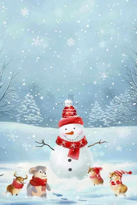 冬天雪地堆雪人动物白雪下雪立冬小雪大雪冬至卡通插画背景 冬天雪地堆雪人动物白雪下雪立冬小雪大雪冬至卡通插画背景