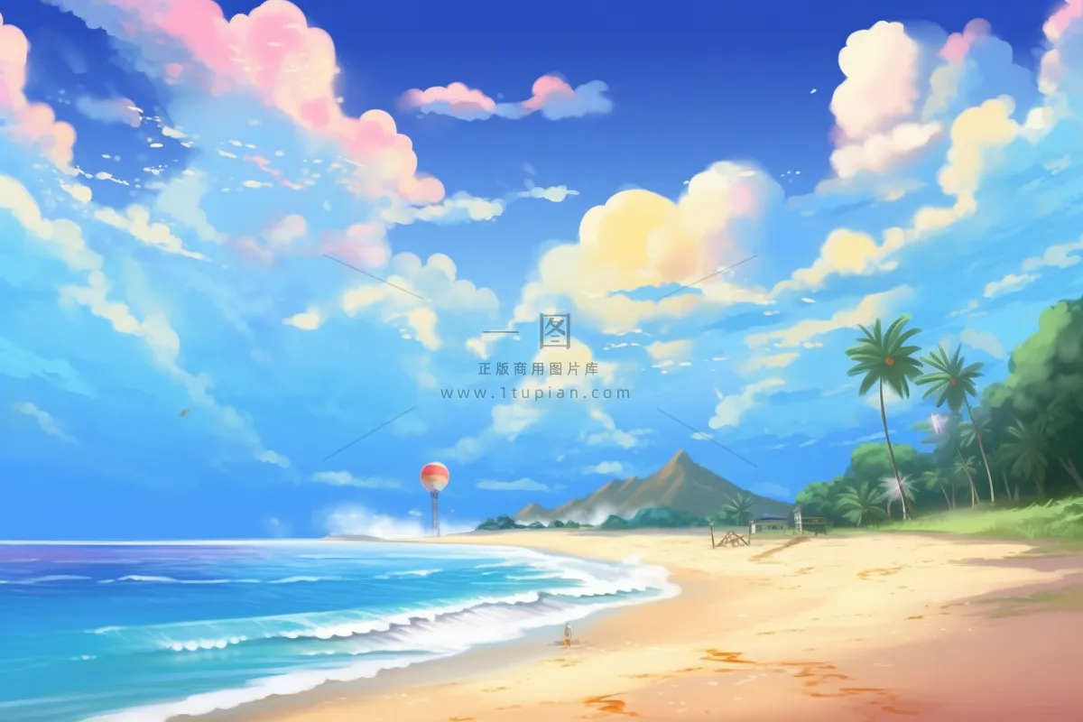 夏日阳光沙滩海浪蓝色插画背景